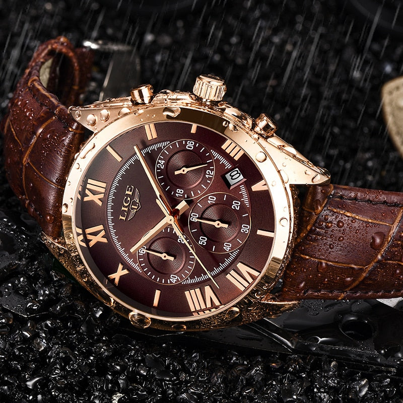 LIGE Watch For Men Top Brand Luxury Waterproof 24 Hour Date Quartz Clock Brown Leather Sports WristWatch Relogio Masculino 2021