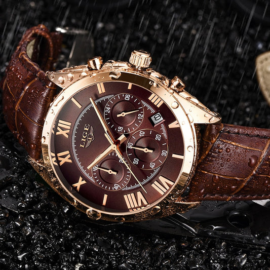 LIGE Watch For Men Top Brand Luxury Waterproof 24 Hour Date Quartz Clock Brown Leather Sports WristWatch Relogio Masculino 2021