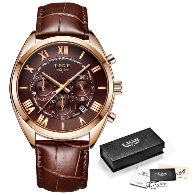 LIGE Watch For Men Top Brand Luxury Waterproof 24 Hour Date Quartz Clock Brown Leather Sports WristWatch Relogio Masculino 2021