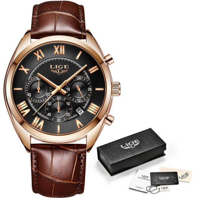 LIGE Watch For Men Top Brand Luxury Waterproof 24 Hour Date Quartz Clock Brown Leather Sports WristWatch Relogio Masculino 2021