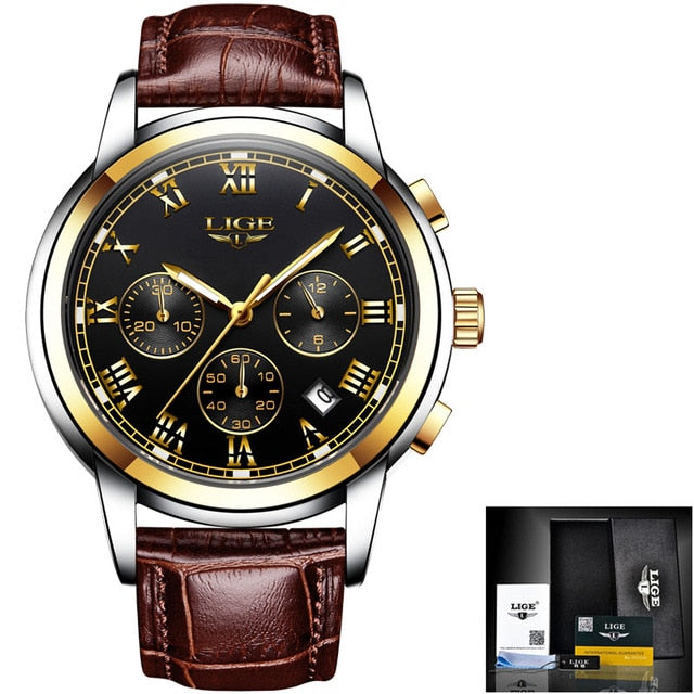 LIGE Watch For Men Top Brand Luxury Waterproof 24 Hour Date Quartz Clock Brown Leather Sports WristWatch Relogio Masculino 2021