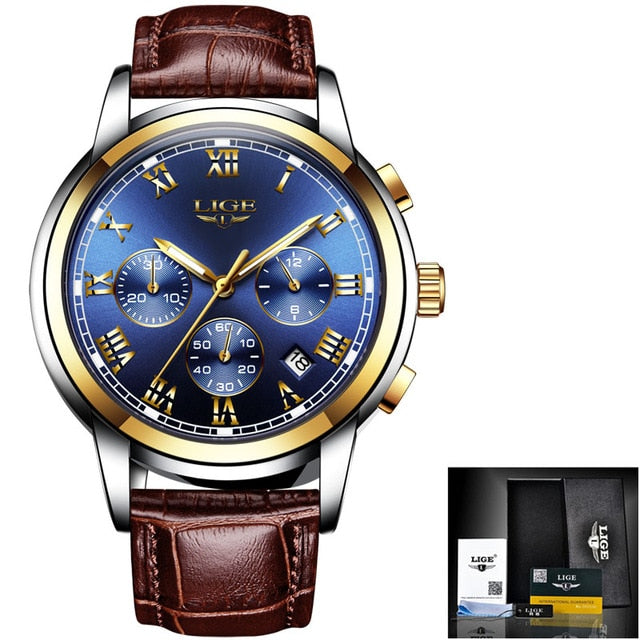 LIGE Watch For Men Top Brand Luxury Waterproof 24 Hour Date Quartz Clock Brown Leather Sports WristWatch Relogio Masculino 2021