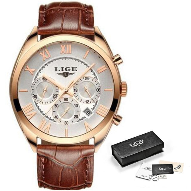 LIGE Watch For Men Top Brand Luxury Waterproof 24 Hour Date Quartz Clock Brown Leather Sports WristWatch Relogio Masculino 2021