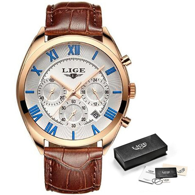 LIGE Watch For Men Top Brand Luxury Waterproof 24 Hour Date Quartz Clock Brown Leather Sports WristWatch Relogio Masculino 2021