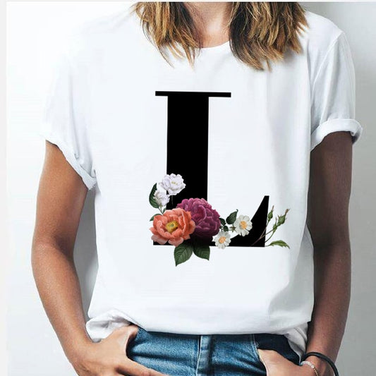 Vogue 26 alphabet letter women T-shirt Girl A To Z Alphabet combination flowers Short Sleeve casual Korean Style Tops,Drop Ship