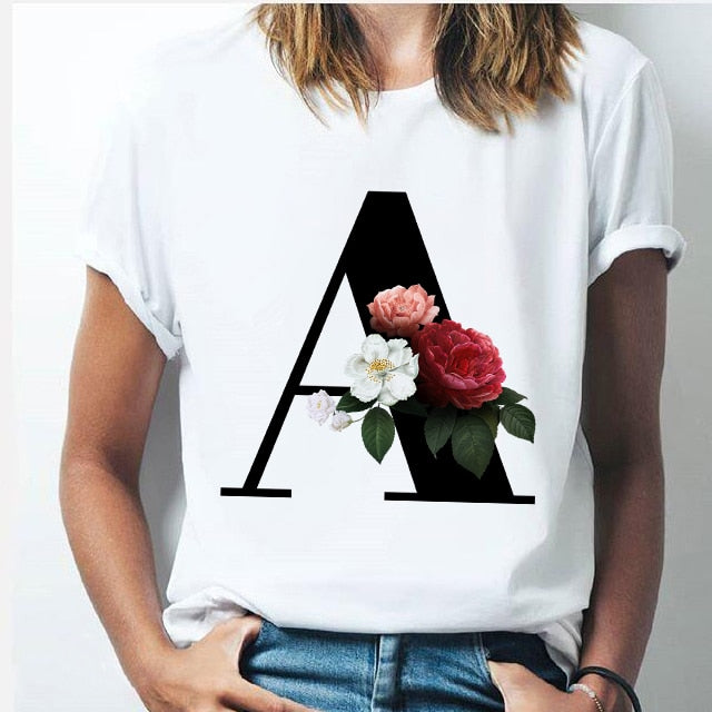 Vogue 26 alphabet letter women T-shirt Girl A To Z Alphabet combination flowers Short Sleeve casual Korean Style Tops,Drop Ship