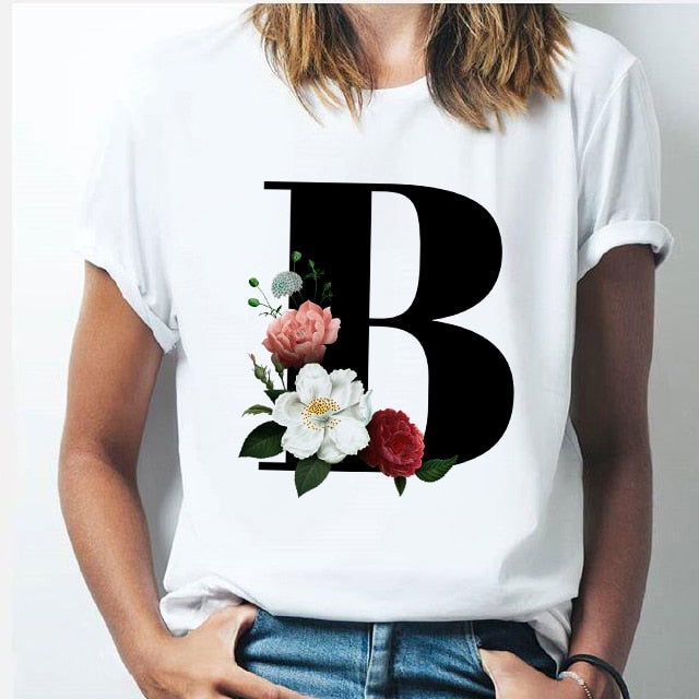 Vogue 26 alphabet letter women T-shirt Girl A To Z Alphabet combination flowers Short Sleeve casual Korean Style Tops,Drop Ship