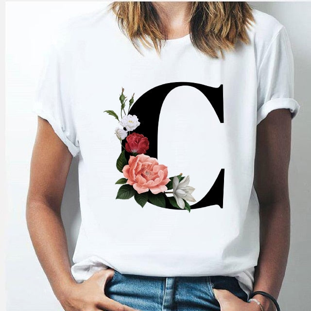 Vogue 26 alphabet letter women T-shirt Girl A To Z Alphabet combination flowers Short Sleeve casual Korean Style Tops,Drop Ship