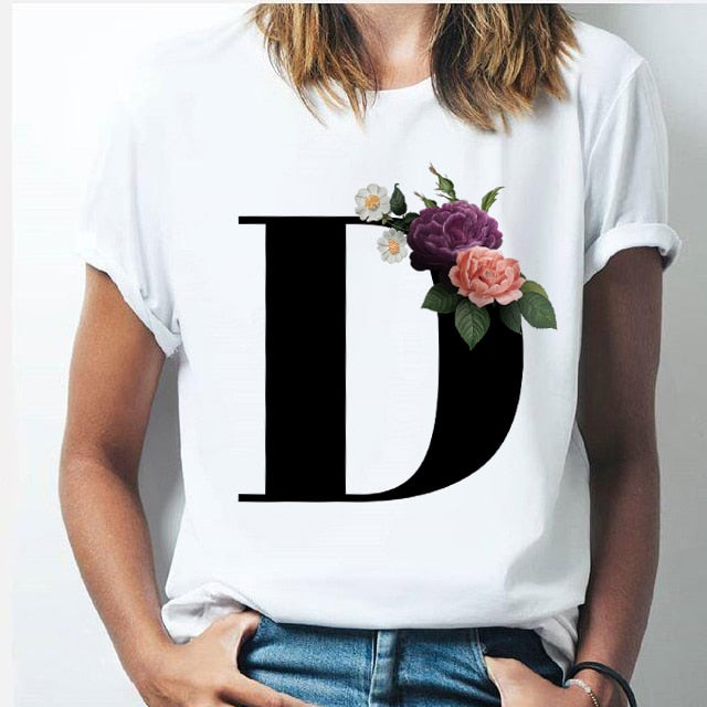 Vogue 26 alphabet letter women T-shirt Girl A To Z Alphabet combination flowers Short Sleeve casual Korean Style Tops,Drop Ship