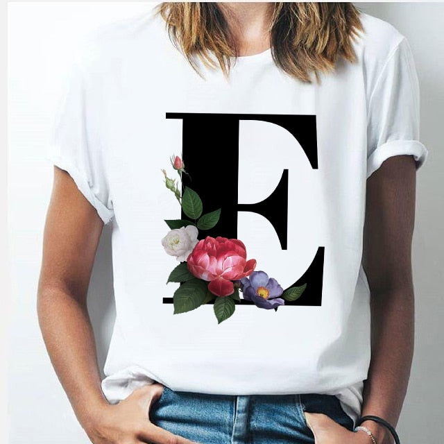 Vogue 26 alphabet letter women T-shirt Girl A To Z Alphabet combination flowers Short Sleeve casual Korean Style Tops,Drop Ship