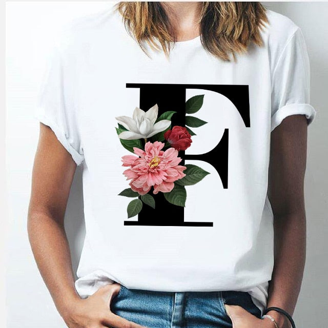 Vogue 26 alphabet letter women T-shirt Girl A To Z Alphabet combination flowers Short Sleeve casual Korean Style Tops,Drop Ship