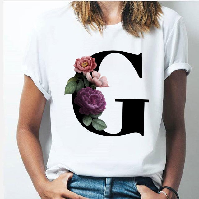 Vogue 26 alphabet letter women T-shirt Girl A To Z Alphabet combination flowers Short Sleeve casual Korean Style Tops,Drop Ship