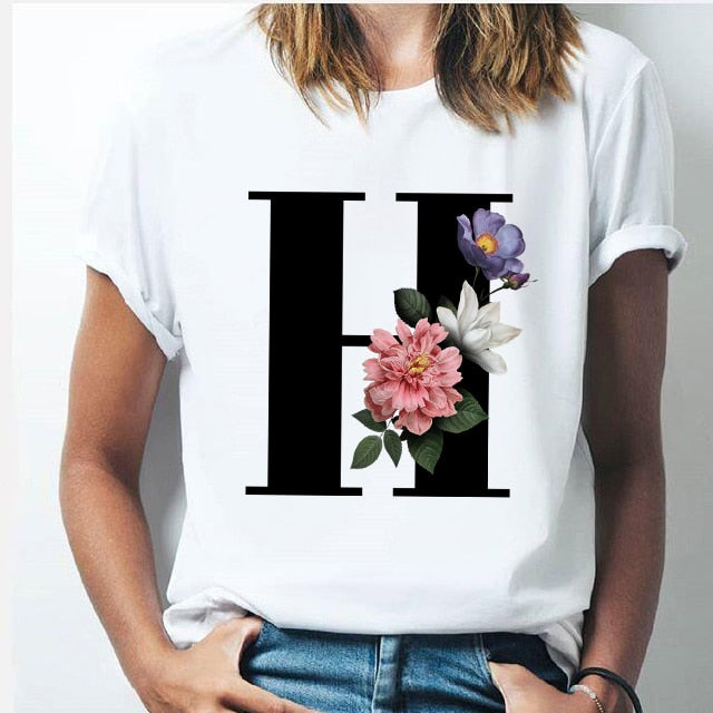 Vogue 26 alphabet letter women T-shirt Girl A To Z Alphabet combination flowers Short Sleeve casual Korean Style Tops,Drop Ship