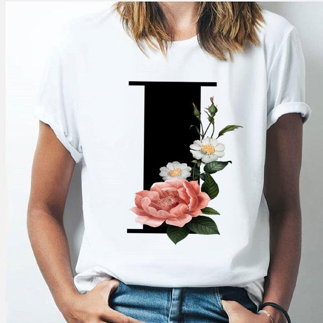 Vogue 26 alphabet letter women T-shirt Girl A To Z Alphabet combination flowers Short Sleeve casual Korean Style Tops,Drop Ship