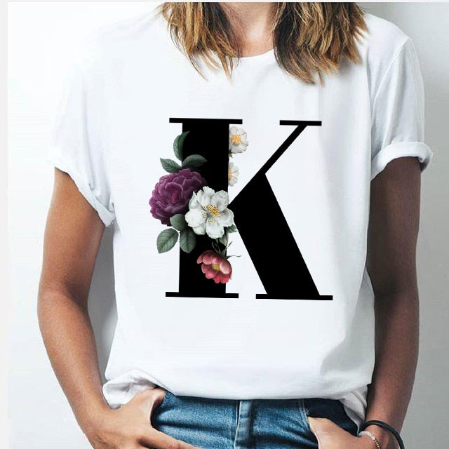 Vogue 26 alphabet letter women T-shirt Girl A To Z Alphabet combination flowers Short Sleeve casual Korean Style Tops,Drop Ship