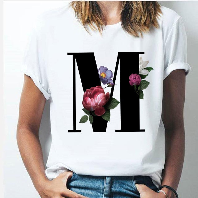 Vogue 26 alphabet letter women T-shirt Girl A To Z Alphabet combination flowers Short Sleeve casual Korean Style Tops,Drop Ship