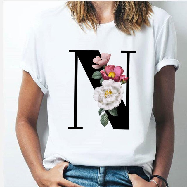 Vogue 26 alphabet letter women T-shirt Girl A To Z Alphabet combination flowers Short Sleeve casual Korean Style Tops,Drop Ship