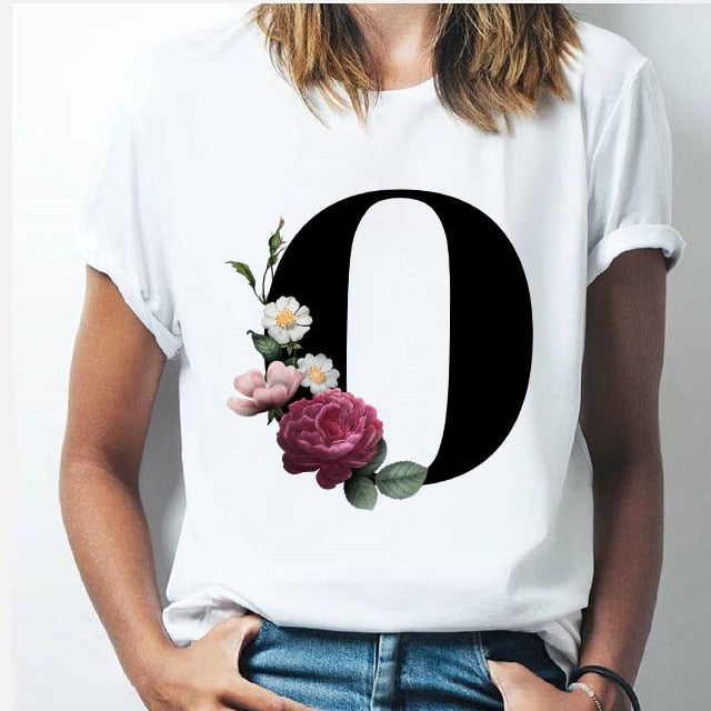 Vogue 26 alphabet letter women T-shirt Girl A To Z Alphabet combination flowers Short Sleeve casual Korean Style Tops,Drop Ship