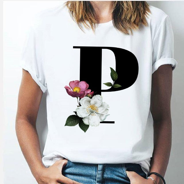 Vogue 26 alphabet letter women T-shirt Girl A To Z Alphabet combination flowers Short Sleeve casual Korean Style Tops,Drop Ship