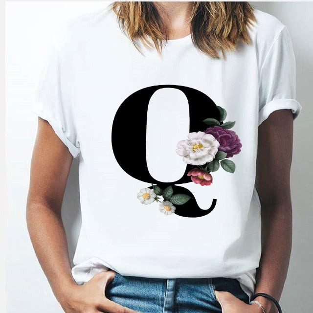 Vogue 26 alphabet letter women T-shirt Girl A To Z Alphabet combination flowers Short Sleeve casual Korean Style Tops,Drop Ship