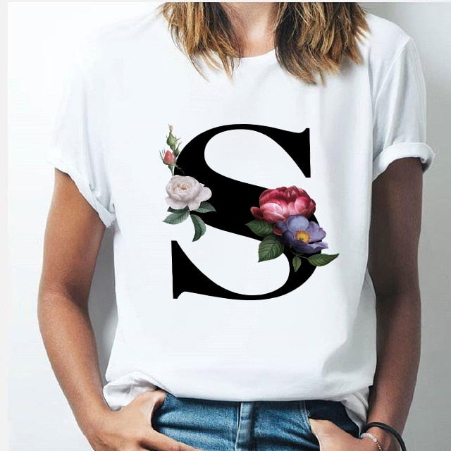 Vogue 26 alphabet letter women T-shirt Girl A To Z Alphabet combination flowers Short Sleeve casual Korean Style Tops,Drop Ship