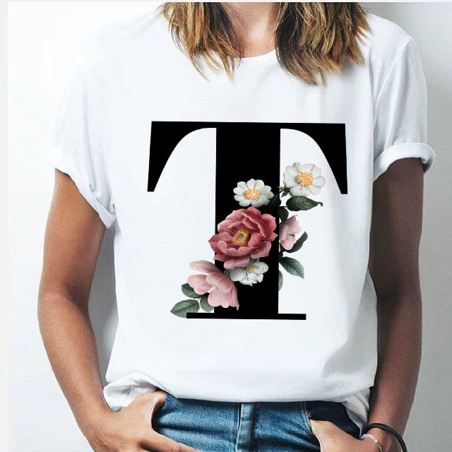 Vogue 26 alphabet letter women T-shirt Girl A To Z Alphabet combination flowers Short Sleeve casual Korean Style Tops,Drop Ship