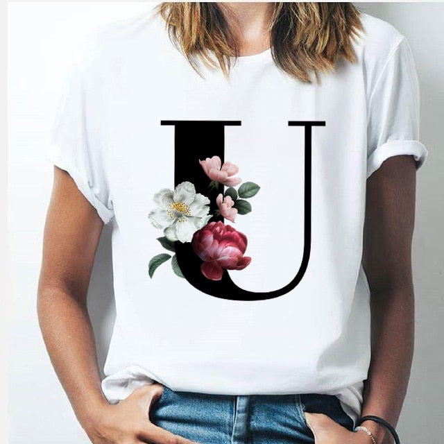 Vogue 26 alphabet letter women T-shirt Girl A To Z Alphabet combination flowers Short Sleeve casual Korean Style Tops,Drop Ship