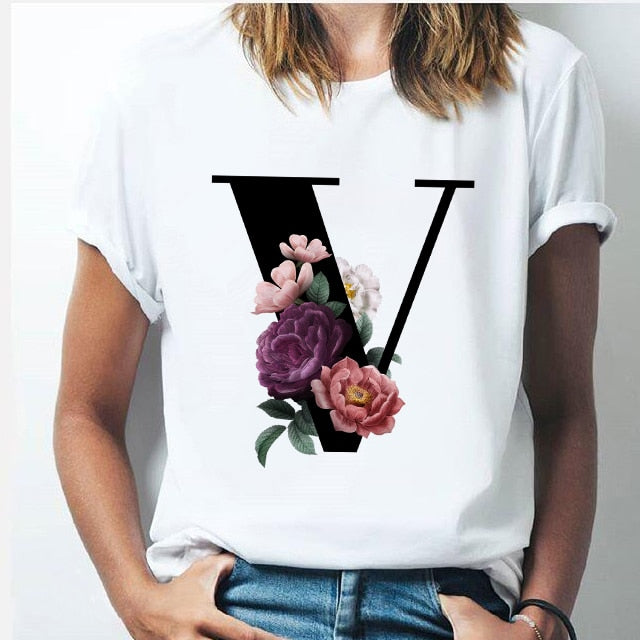 Vogue 26 alphabet letter women T-shirt Girl A To Z Alphabet combination flowers Short Sleeve casual Korean Style Tops,Drop Ship