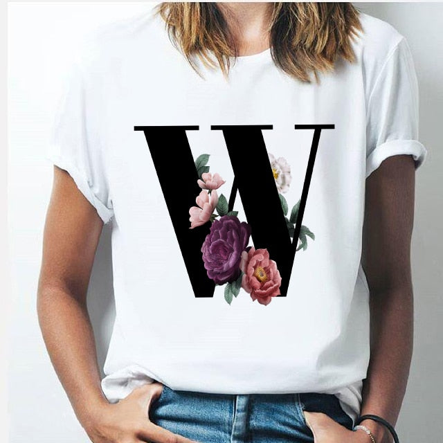 Vogue 26 alphabet letter women T-shirt Girl A To Z Alphabet combination flowers Short Sleeve casual Korean Style Tops,Drop Ship