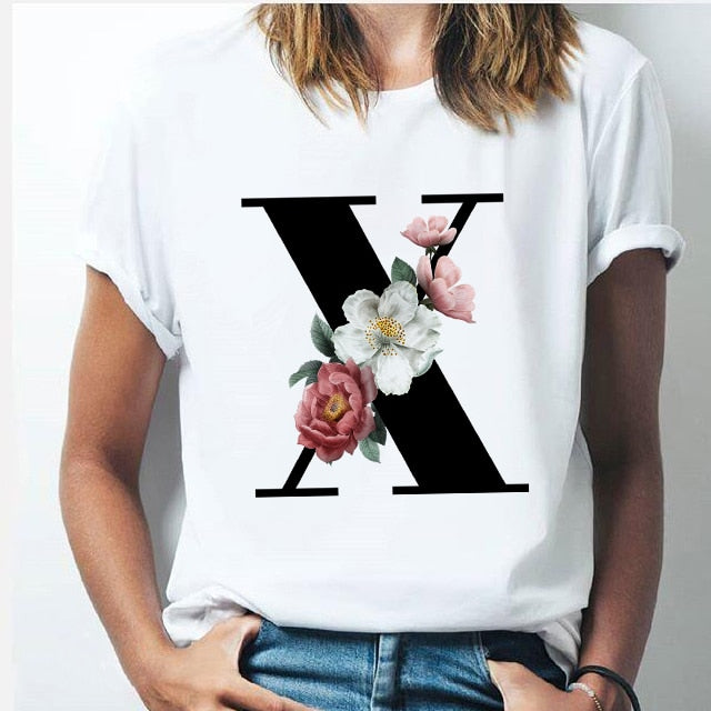 Vogue 26 alphabet letter women T-shirt Girl A To Z Alphabet combination flowers Short Sleeve casual Korean Style Tops,Drop Ship