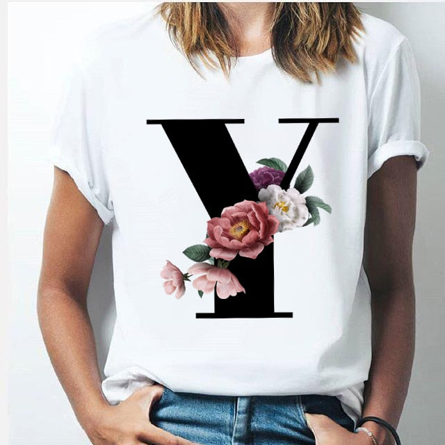 Vogue 26 alphabet letter women T-shirt Girl A To Z Alphabet combination flowers Short Sleeve casual Korean Style Tops,Drop Ship