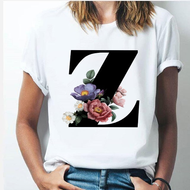 Vogue 26 alphabet letter women T-shirt Girl A To Z Alphabet combination flowers Short Sleeve casual Korean Style Tops,Drop Ship