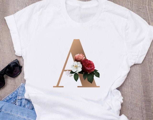 Custom name letter combination women's High quality printing T-shirt Flower letter Font A B C D E F G Short sleeve Clothes