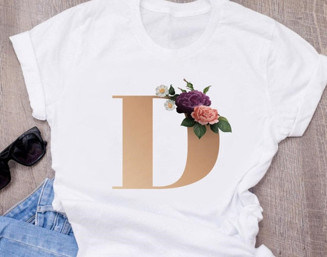 Custom name letter combination women's High quality printing T-shirt Flower letter Font A B C D E F G Short sleeve Clothes