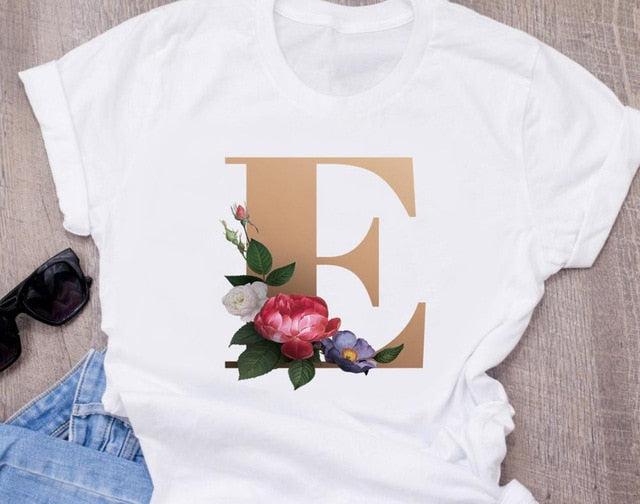 Custom name letter combination women's High quality printing T-shirt Flower letter Font A B C D E F G Short sleeve Clothes