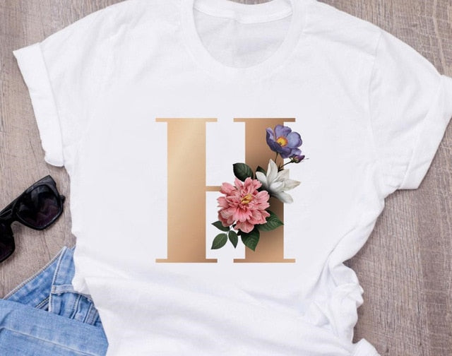 Custom name letter combination women's High quality printing T-shirt Flower letter Font A B C D E F G Short sleeve Clothes