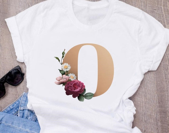 Custom name letter combination women's High quality printing T-shirt Flower letter Font A B C D E F G Short sleeve Clothes