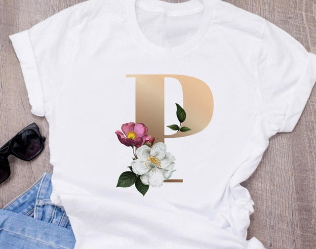 Custom name letter combination women's High quality printing T-shirt Flower letter Font A B C D E F G Short sleeve Clothes