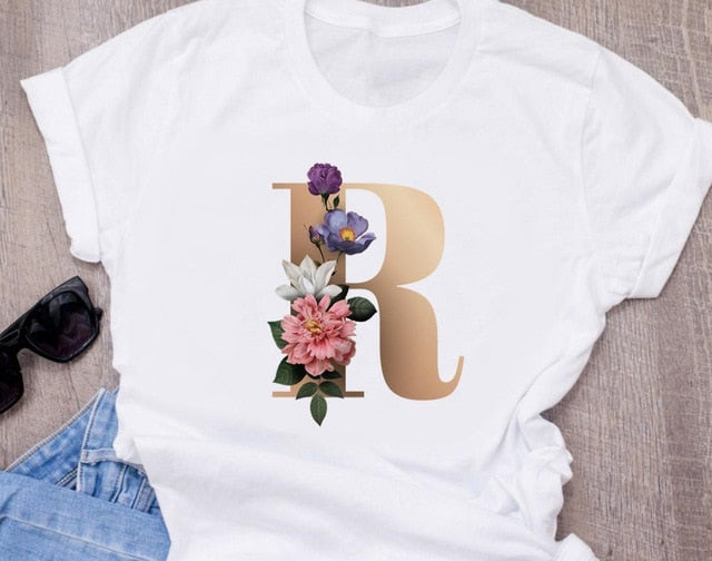 Custom name letter combination women's High quality printing T-shirt Flower letter Font A B C D E F G Short sleeve Clothes