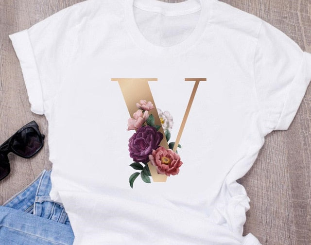 Custom name letter combination women's High quality printing T-shirt Flower letter Font A B C D E F G Short sleeve Clothes