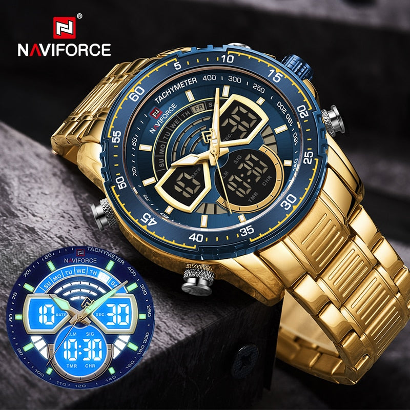 NAVIFORCE Mens Military Sports Waterproof Watches Luxury Analog Quartz Digital Wrist Watch for Men Bright Backlight Gold Watches