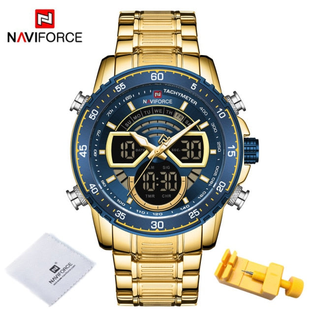 NAVIFORCE Mens Military Sports Waterproof Watches Luxury Analog Quartz Digital Wrist Watch for Men Bright Backlight Gold Watches