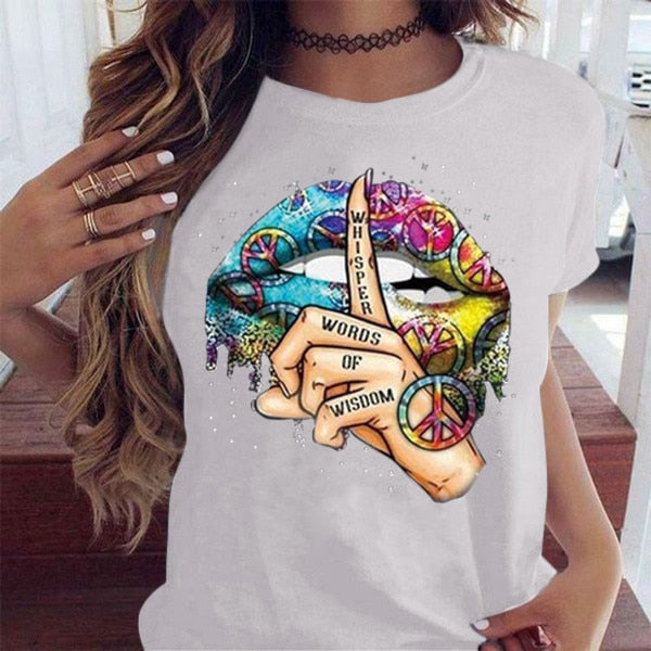 2021 Lips Watercolor Graphic T Shirt lip Women Tops Shirt Base O-neck Sexy Black Tees Kiss lip Funny whisper words Girls Tshirt