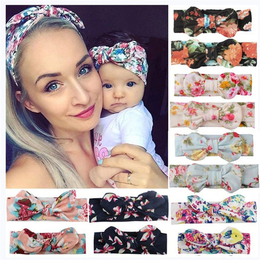 2Pcs/Set Mom & Baby Headbands Mother Baby Turban Mom Daughter Rabbit Ears Hairband Floral Print Parent-Child Hair Accessories