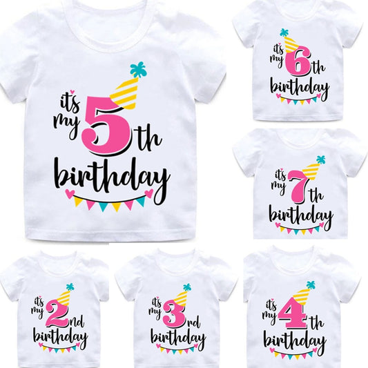 Girl Birthday Cartoon T Shirt for Girls Tshirt number 2 3 4 5 6 7 8 Graphic Kids Clothes Boys Letter Print Summer Short Sleeved