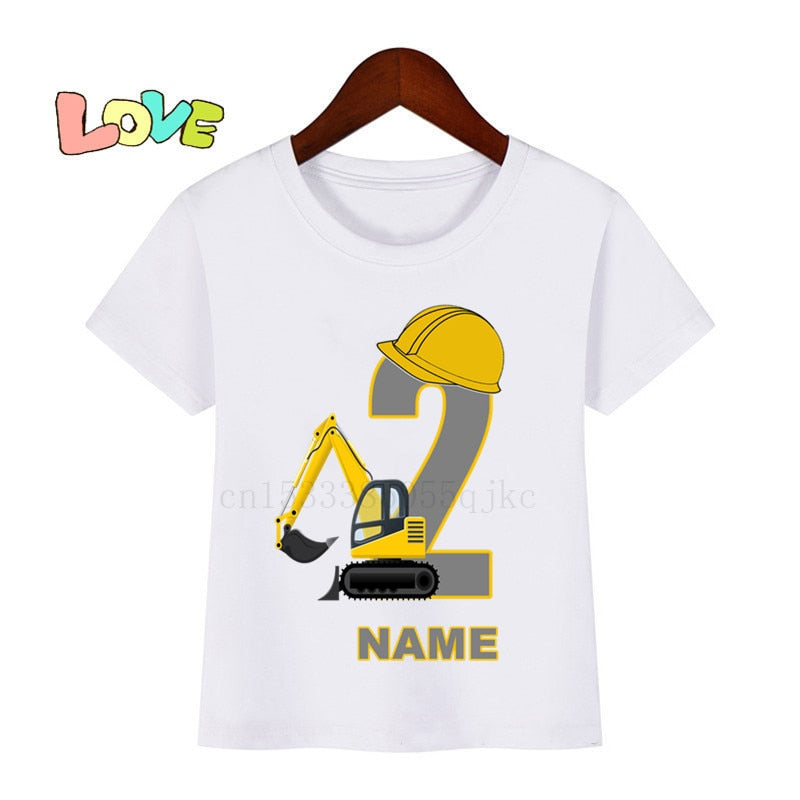 Baby Kids Excavator Birthday Number Name Print T Shirt Children Birthday T-shirts Boy&Girl Funny Gift Tshirt Present