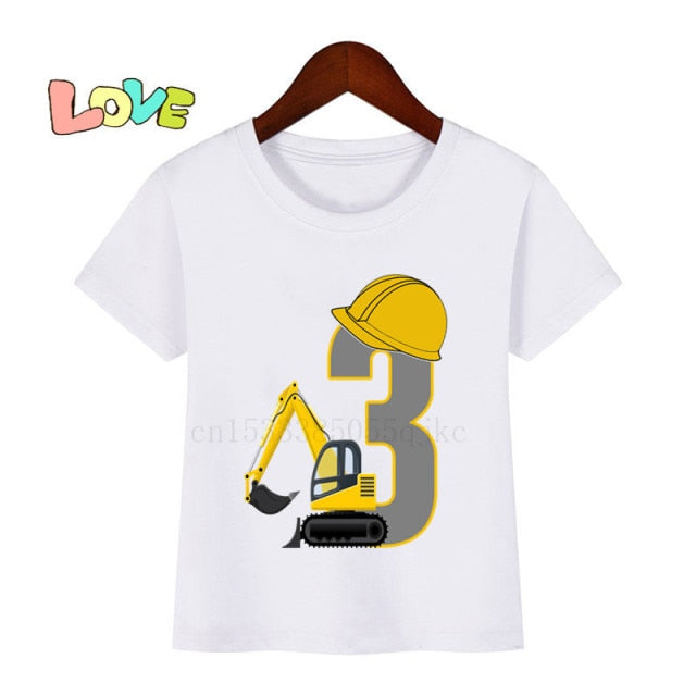 Baby Kids Excavator Birthday Number Name Print T Shirt Children Birthday T-shirts Boy&Girl Funny Gift Tshirt Present