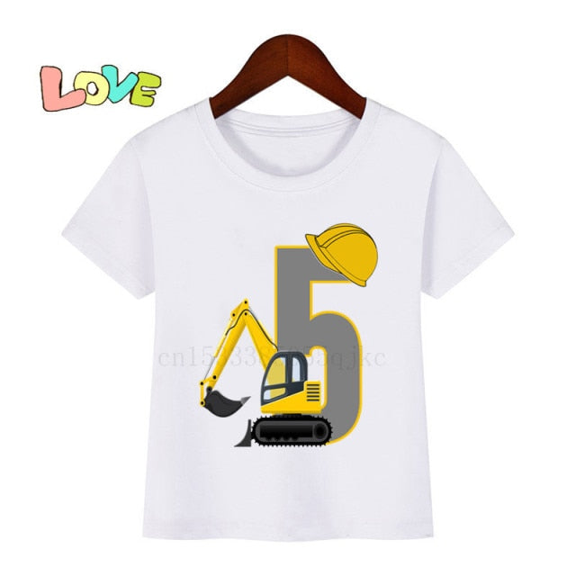 Baby Kids Excavator Birthday Number Name Print T Shirt Children Birthday T-shirts Boy&Girl Funny Gift Tshirt Present