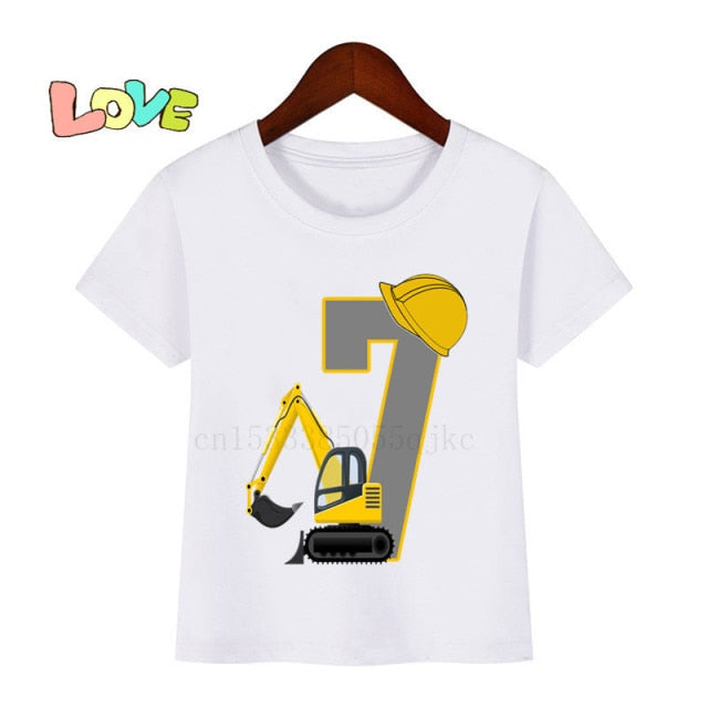 Baby Kids Excavator Birthday Number Name Print T Shirt Children Birthday T-shirts Boy&Girl Funny Gift Tshirt Present