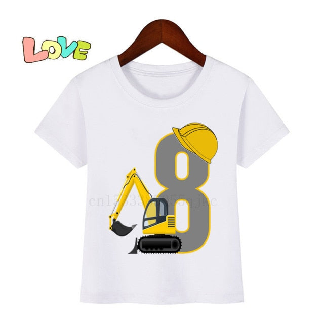 Baby Kids Excavator Birthday Number Name Print T Shirt Children Birthday T-shirts Boy&Girl Funny Gift Tshirt Present